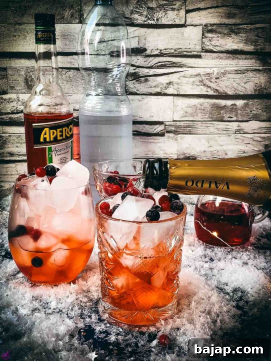 Top off your Cranberry Aperol Spritz with a generous pour of chilled Prosecco. The effervescent bubbles will complete the cocktail, making it light and refreshing.