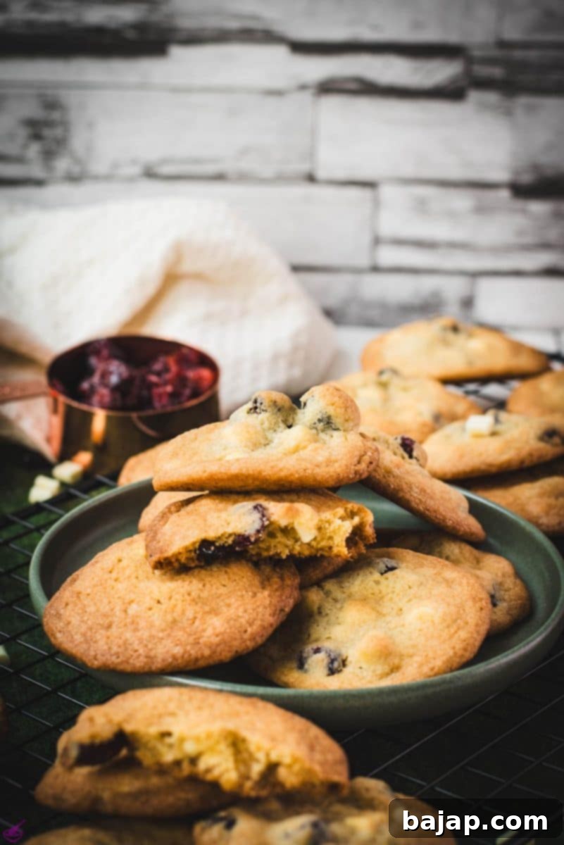 Close-up of freshly baked cranberry white chocolate chip cookies, showcasing their soft texture and abundant mix-ins.