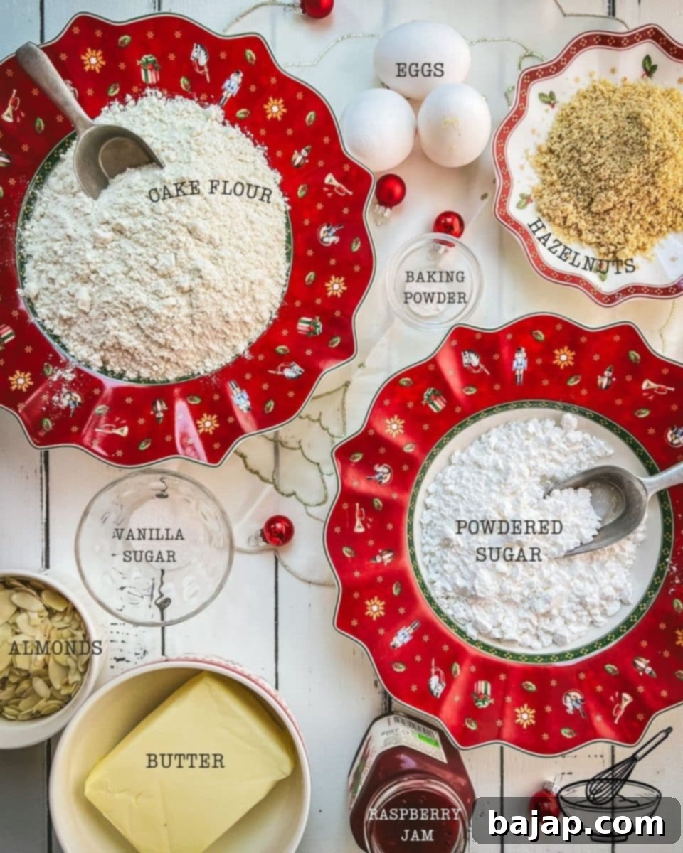 A simple yet elegant spread of ingredients including flour, sugar, butter, eggs, hazelnuts, and raspberries, laid out for making delicious raspberry almond thumbprint cookies.