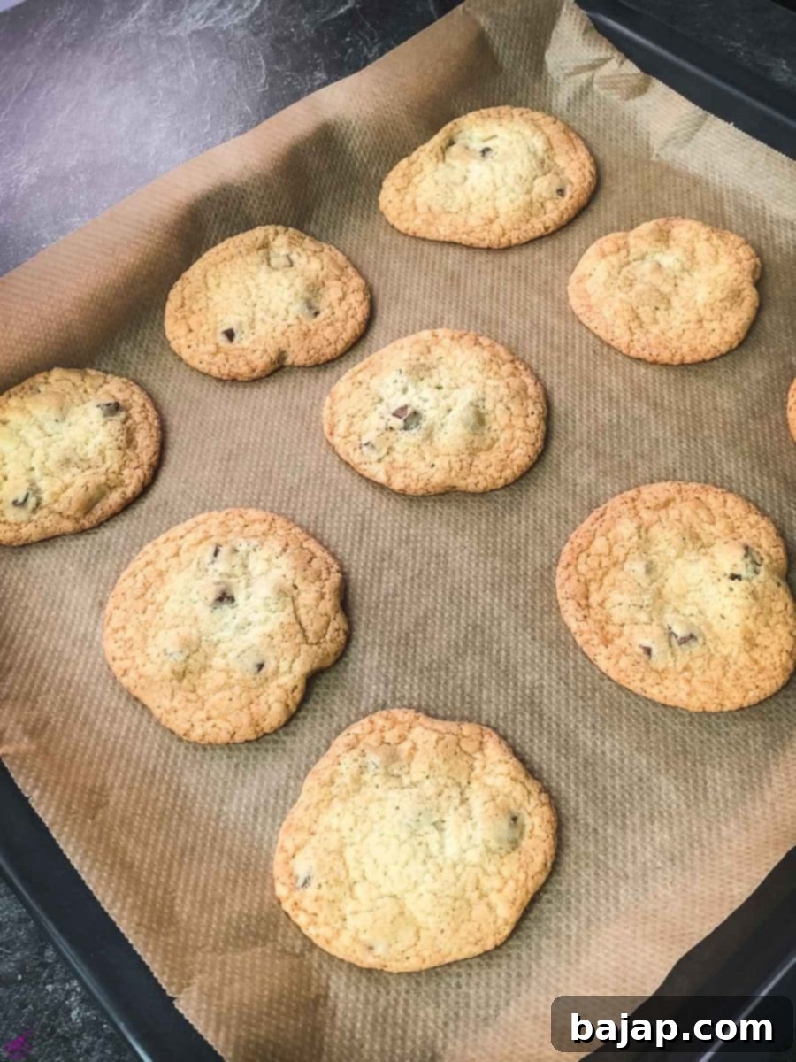 Freshly baked rum chocolate chip cookies, perfectly golden brown on the edges and soft in the center.