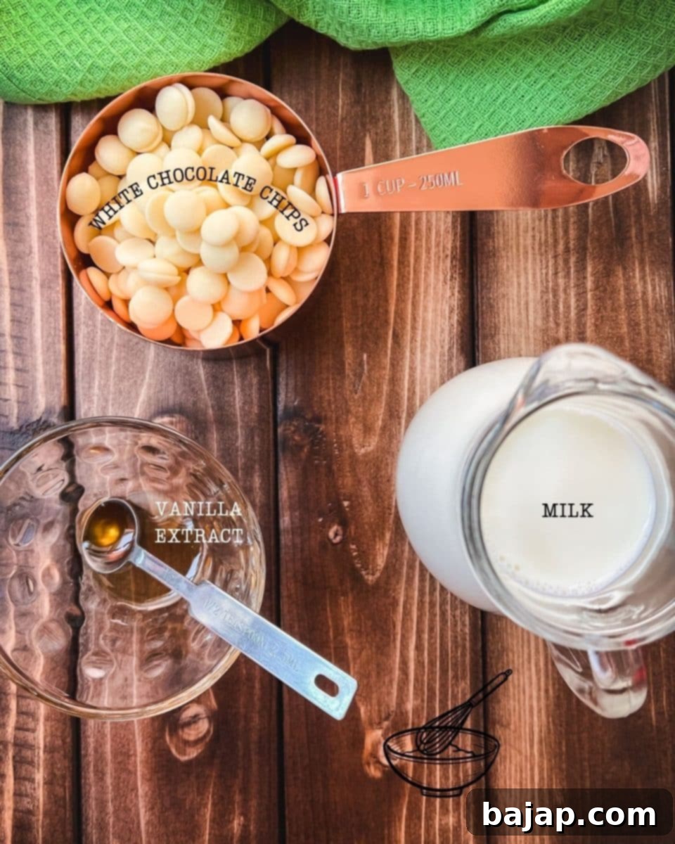 Three simple ingredients, whole milk, white chocolate chips, and vanilla extract, laid out on a wooden surface, indicating the ease of making homemade hot white chocolate in under ten minutes.