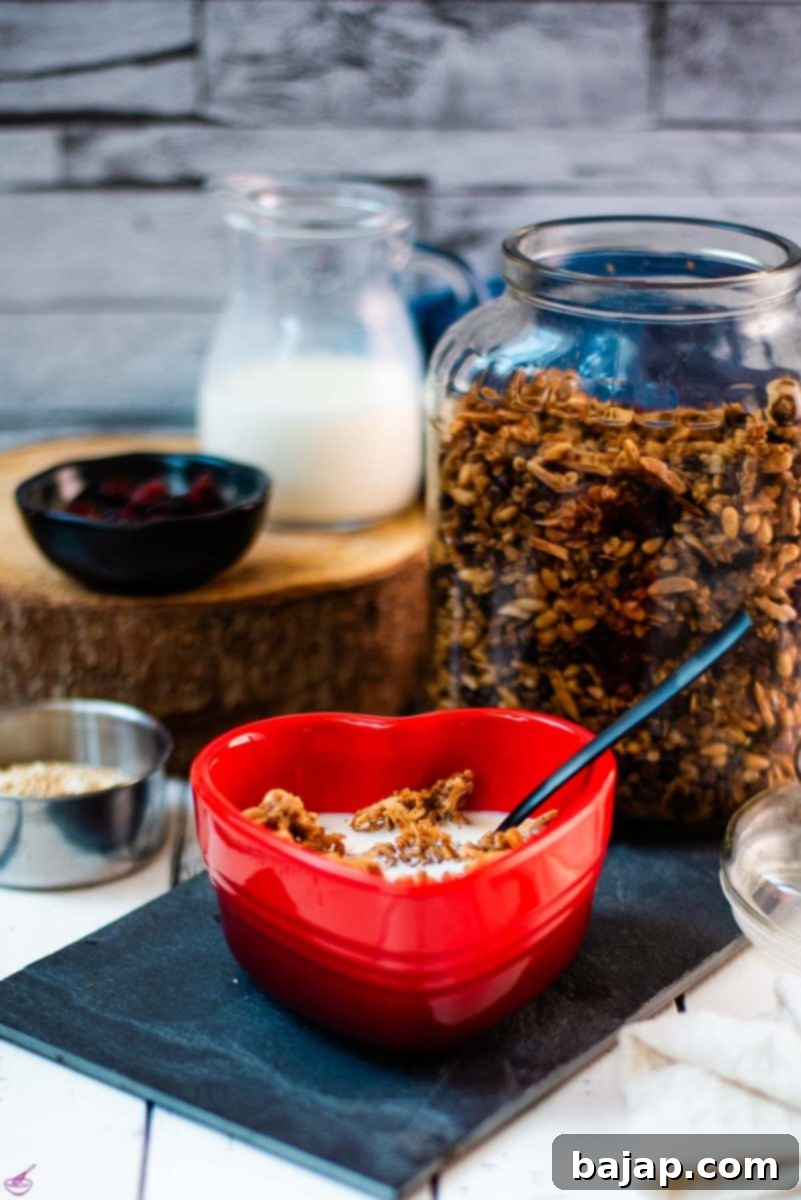 Gorgeous heart shaped breakfast bowl, filled with delicious maple cinnamon granola with milk.