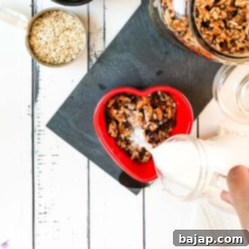 Add milk to your homemade cinnamon granola.