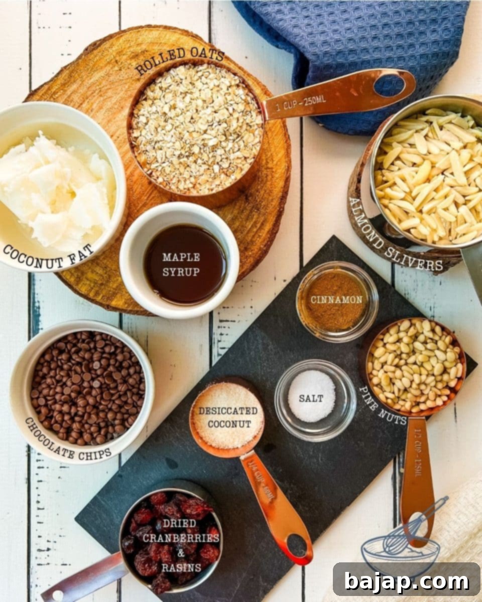 Cinnamon granola ingredients: Simple, healthy, delicious, gluten-free, dairy-free (if using dark chocolate chips)
