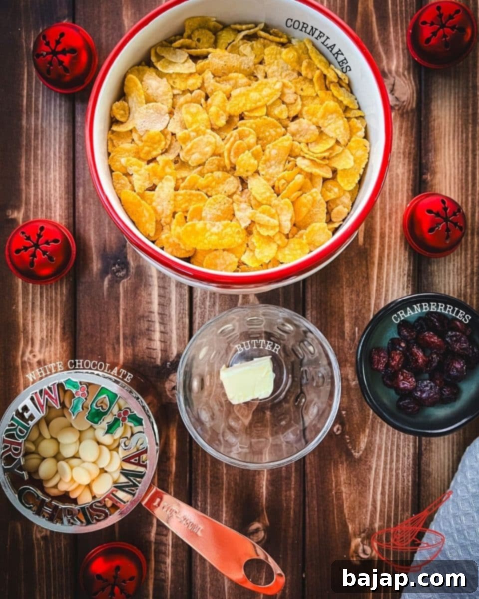 Four simple ingredients are required for making delicious white chocolate cranberry cornflake clusters!