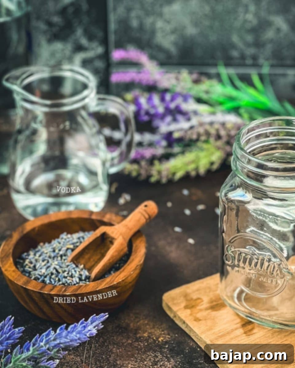 Essential ingredients for homemade lavender extract: quality vodka, premium dried culinary lavender flowers, and the invaluable ingredient of time for infusion.