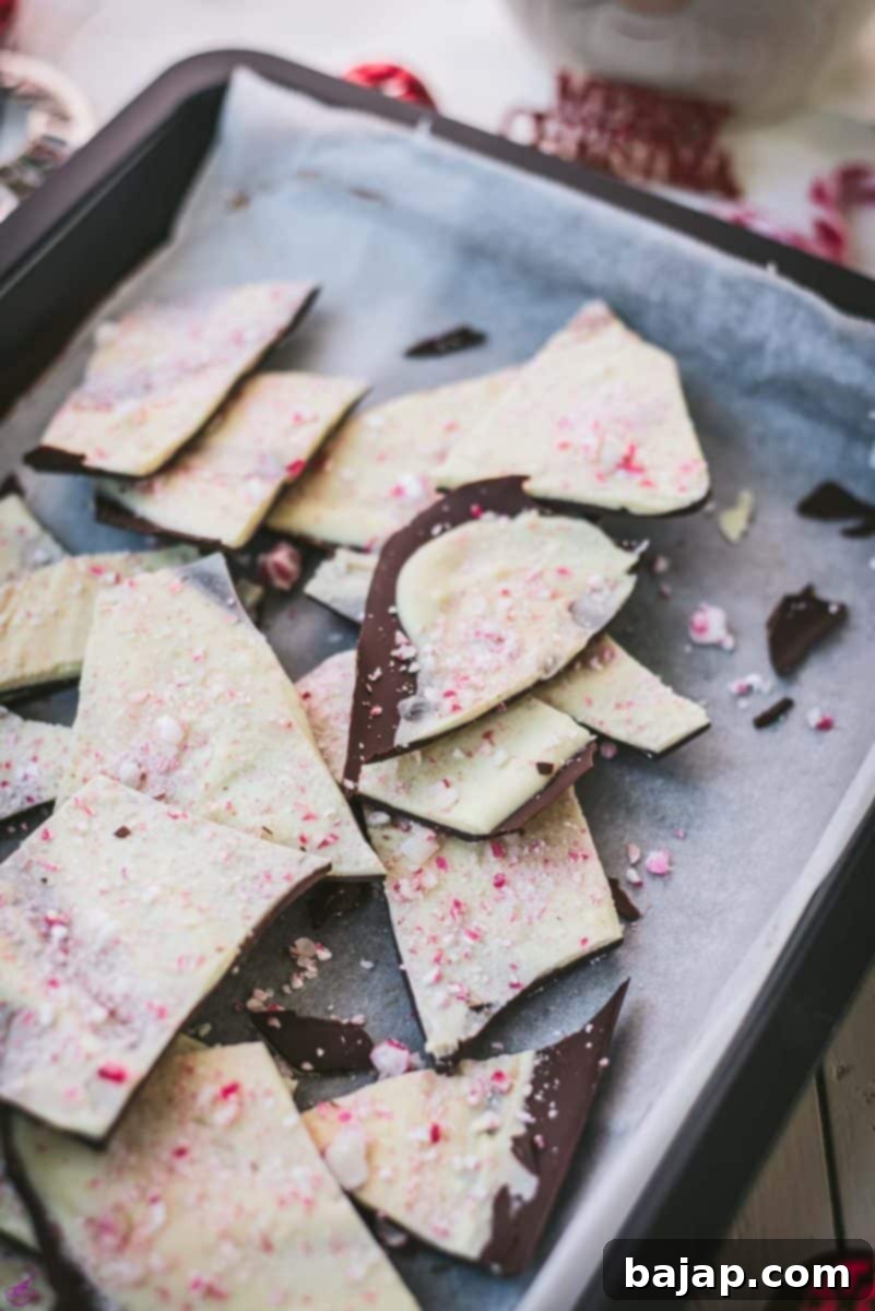 Beautiful black and white peppermint chocolate bark sprinkled with crushed candy canes.