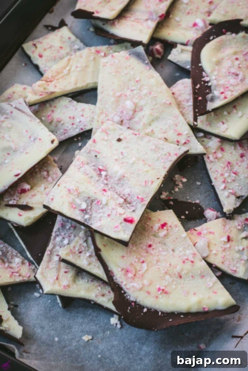 Beautiful black and white peppermint chocolate bark sprinkled with crushed candy canes.