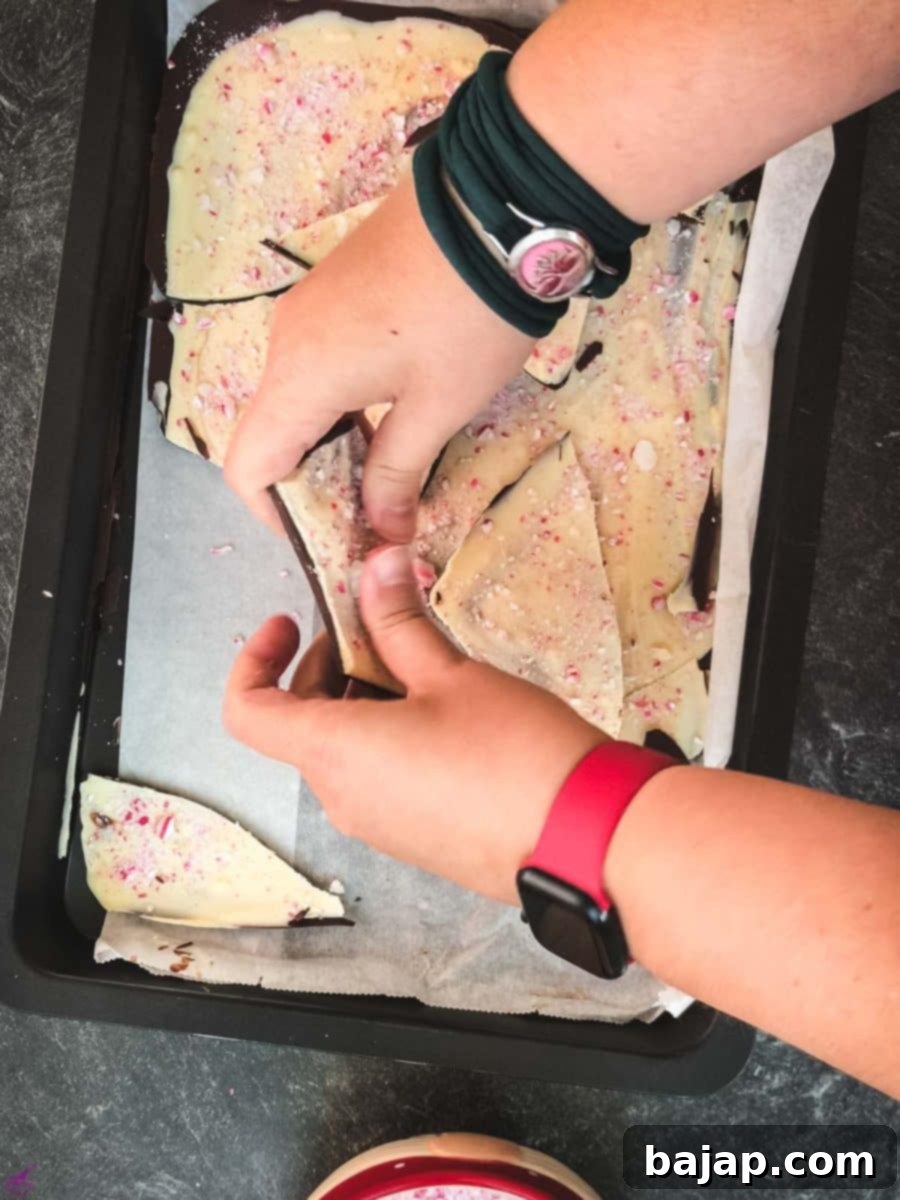 Effortless White and Dark Chocolate Peppermint Bark 10 Break the finished chocolate plates into small pieces.