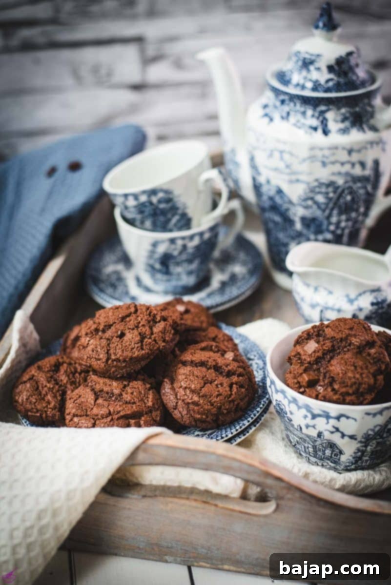 Beautiful coffee chocolate chip cookies, on blue white porcelain.