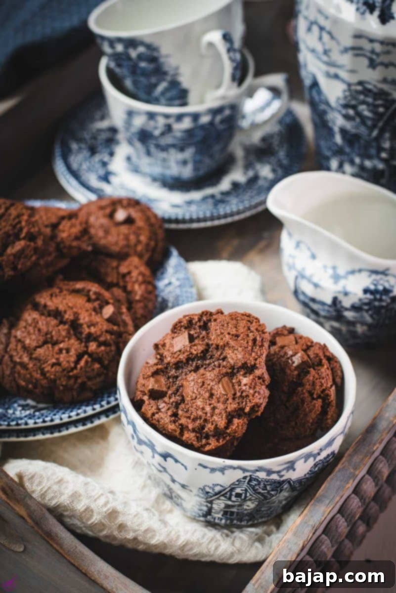 Beautiful coffee chocolate chip cookies, on blue white porcelain.