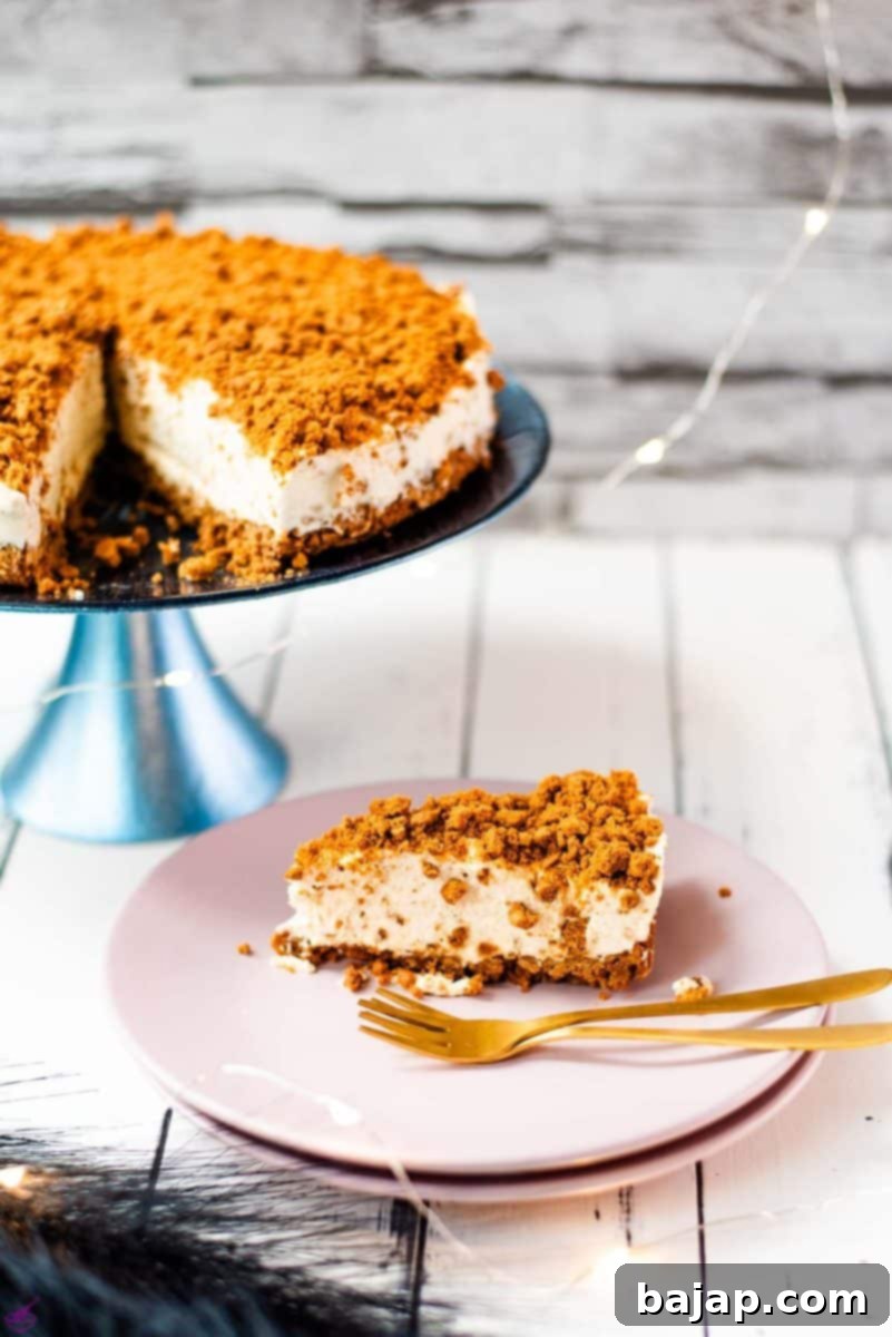 Biscoff Cheesecake Magic Without the Oven 2 Gorgeous no bake Biscoff cheesecake on blue cake stand with a slice cut out. Placed on white wooden ground next to two pink plates.