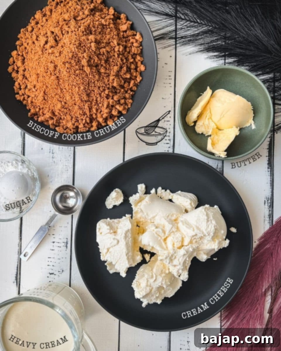 5 simple ingredients are required for making a delicious Biscoff no bake cheesecake.