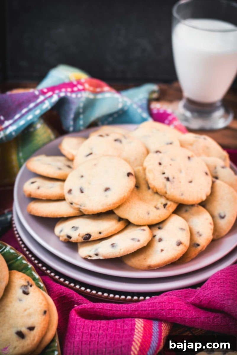 Soft and chewy chocolate chip sugar cookies, elegantly arranged on pink plates, nestled within colorful tea towels, with a glass of milk in the background, ready to be enjoyed.