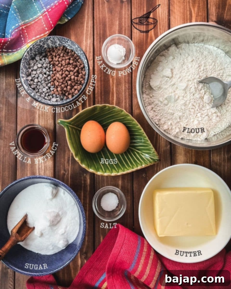 A few simple ingredients, including butter, sugar, flour, eggs, vanilla, and chocolate chips, are neatly arranged for making delicious chocolate chip sugar cookies.