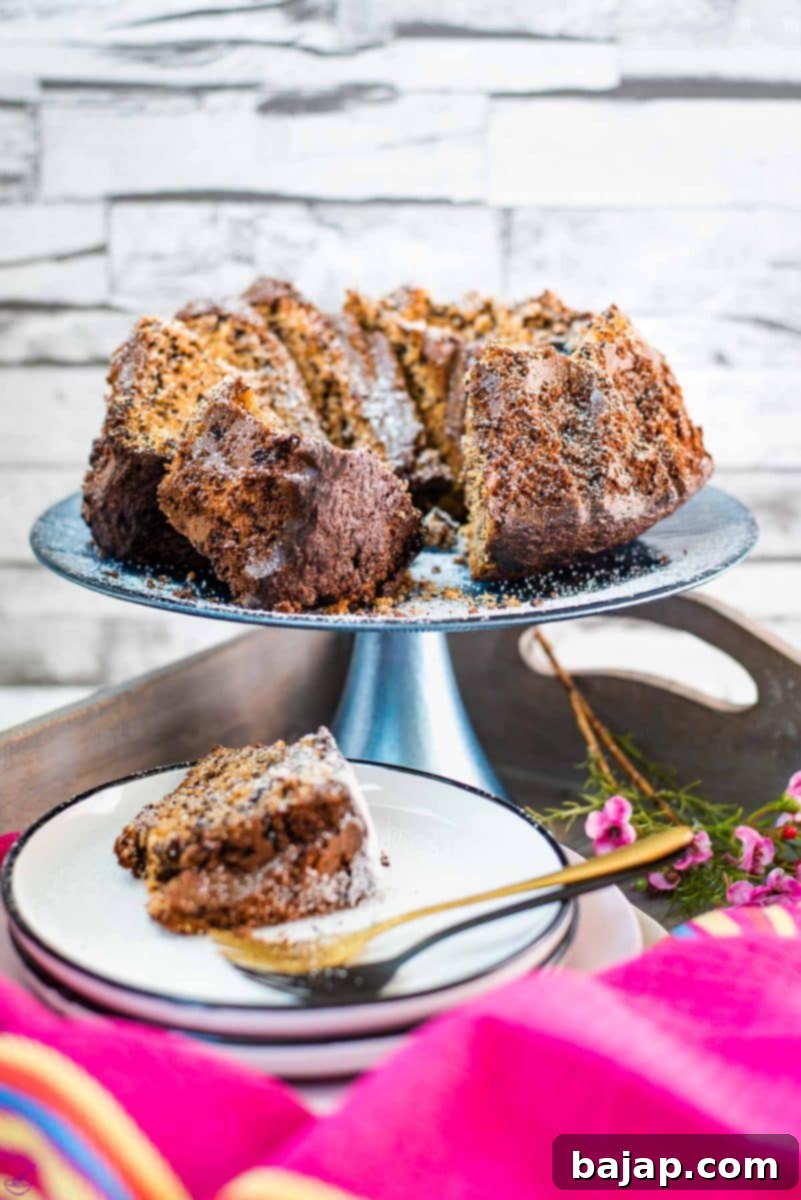 Gorgeous chocolate sprinkle spelt cake slices, placed on blue cake plate, and dusted with powdered sugar. The cake is light, fluffy, and covered in a delicate layer of powdered sugar and colorful chocolate sprinkles, making it visually appealing and delicious.