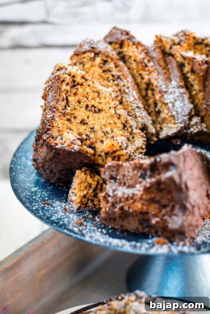 Gorgeous chocolate sprinkle spelt cake slices, placed on blue cake plate, and dusted with powdered sugar.