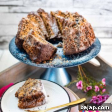 Gorgeous chocolate sprinkle spelt cake slices, placed on blue cake plate, and dusted with powdered sugar.