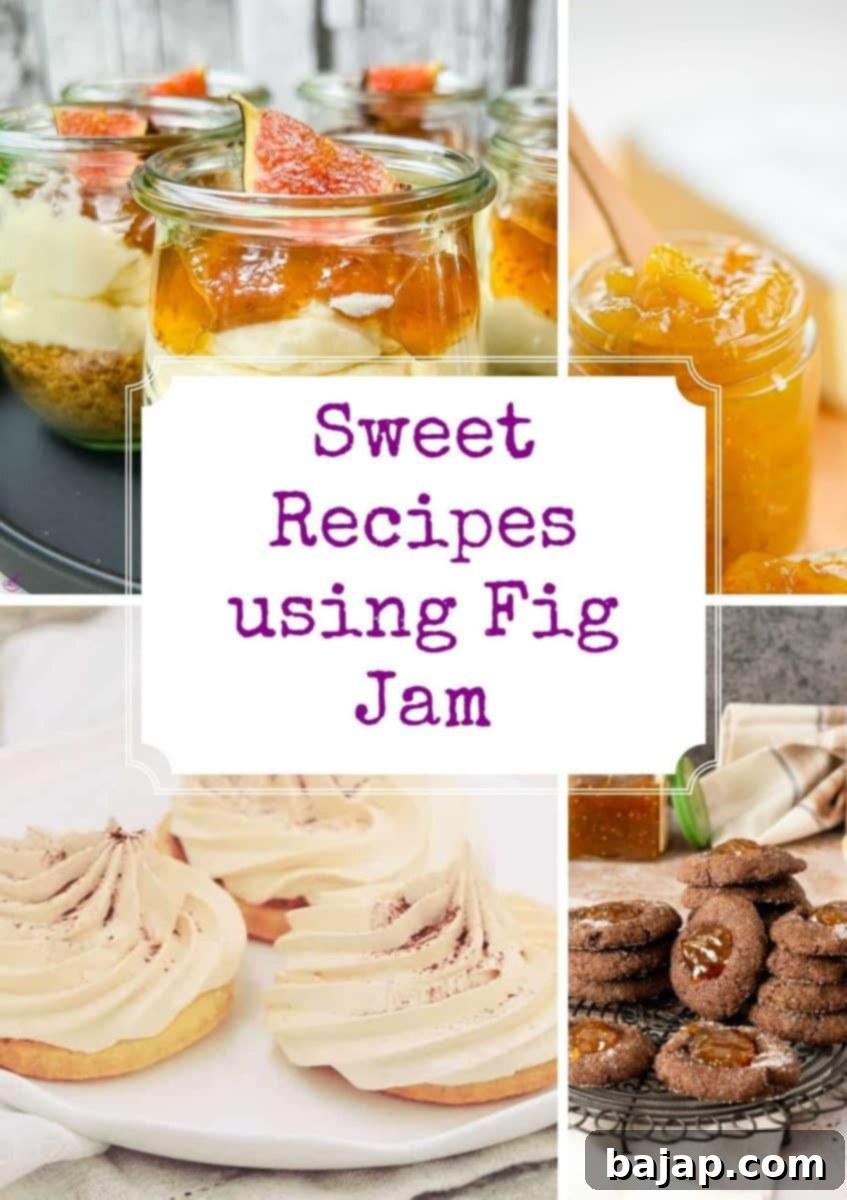 A vibrant collection of sweet recipes featuring fig jam, including tarts, cookies, and cheesecakes, arranged enticingly on a wooden surface.