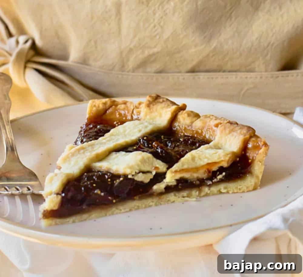 A beautifully baked fig jam tart with a lattice crust, showcasing the rich, dark fig filling.