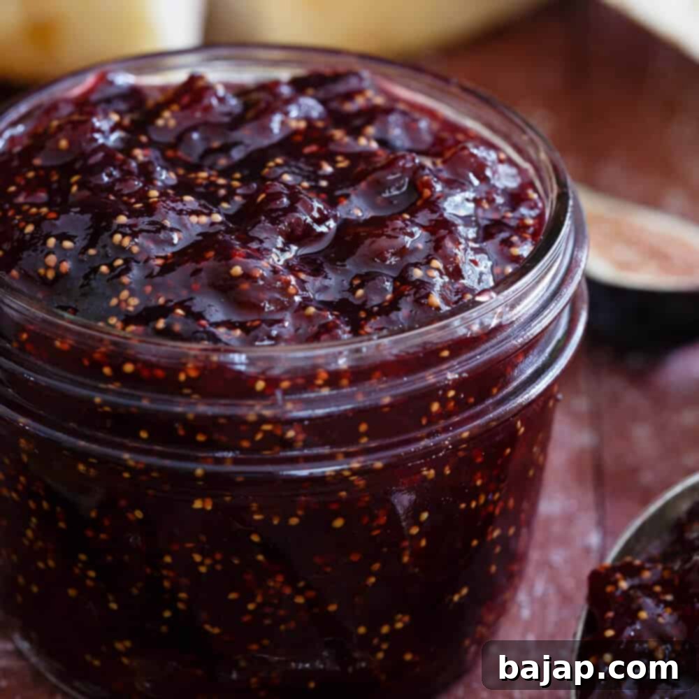 Homemade vanilla fig preserves, showcasing the rich color and texture, perfect for spreading or pairing with cheese.