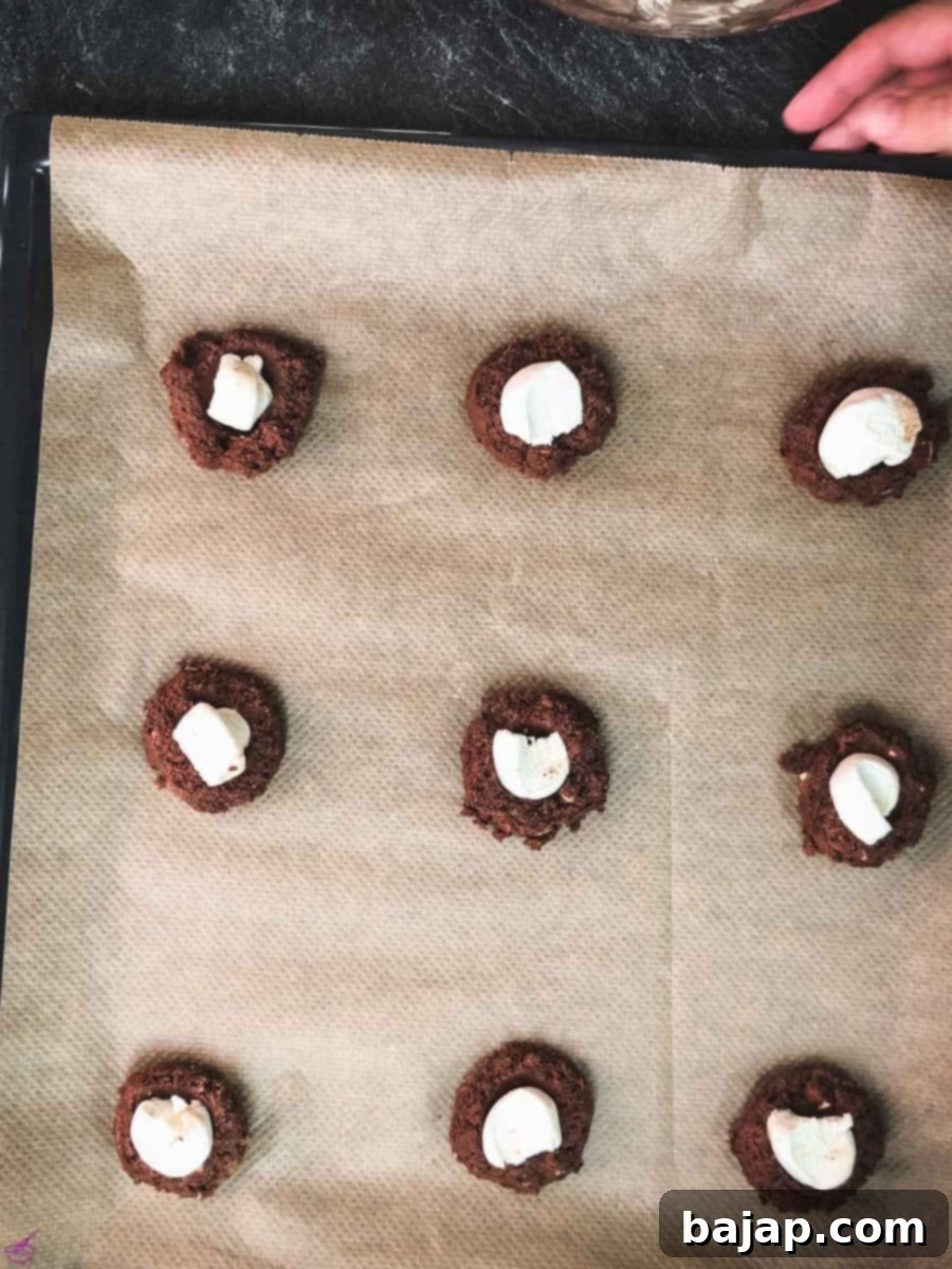 Dark cookie dough scoops with half a marshmallow in the center.