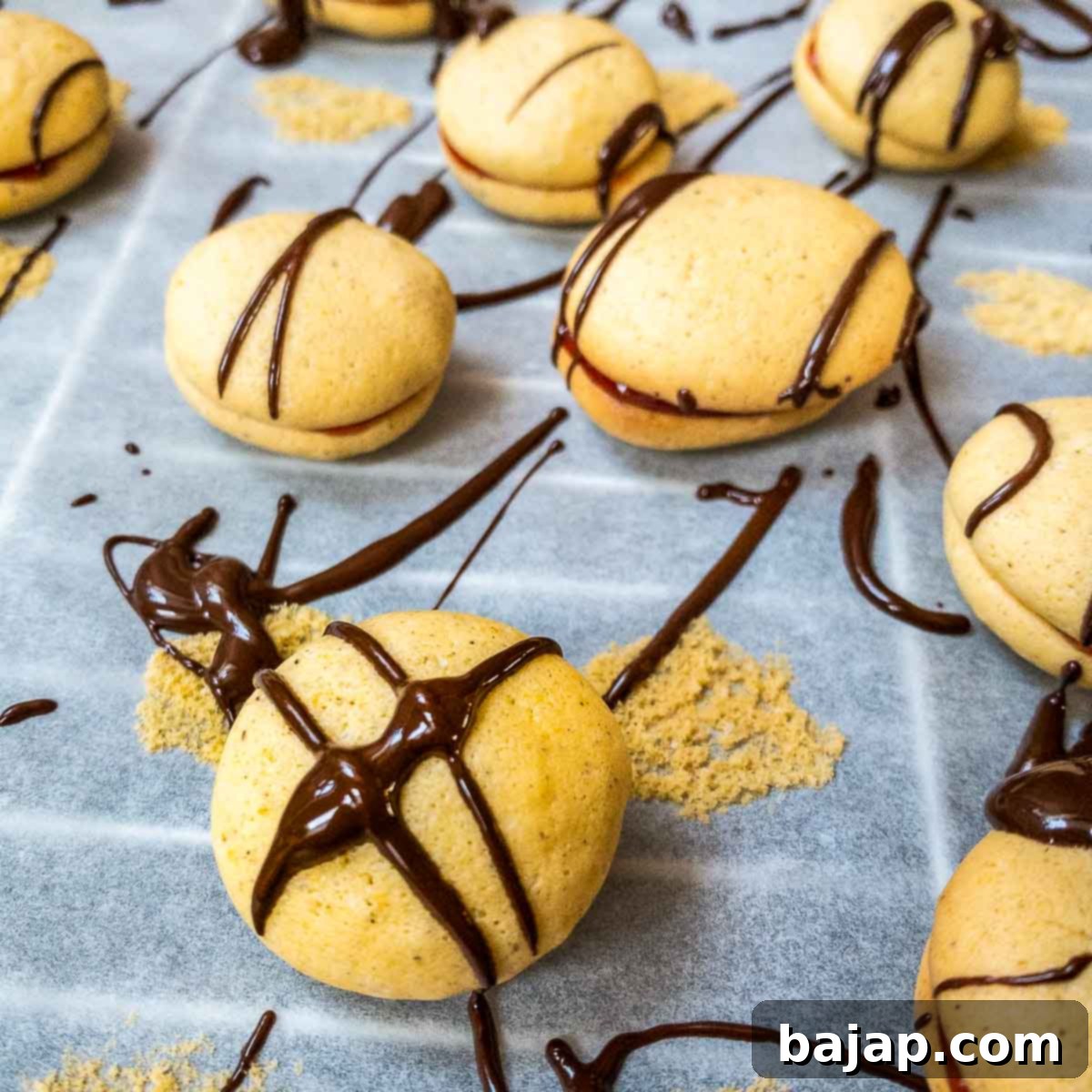 Egg yolk cookies, assembled with strawberry jam and drizzled with dark chocolate couverture.