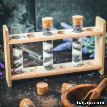 Glass vials filled with layers of dried lavender and crystal sugar. The perfect gift for baking enthusiasts and friends.