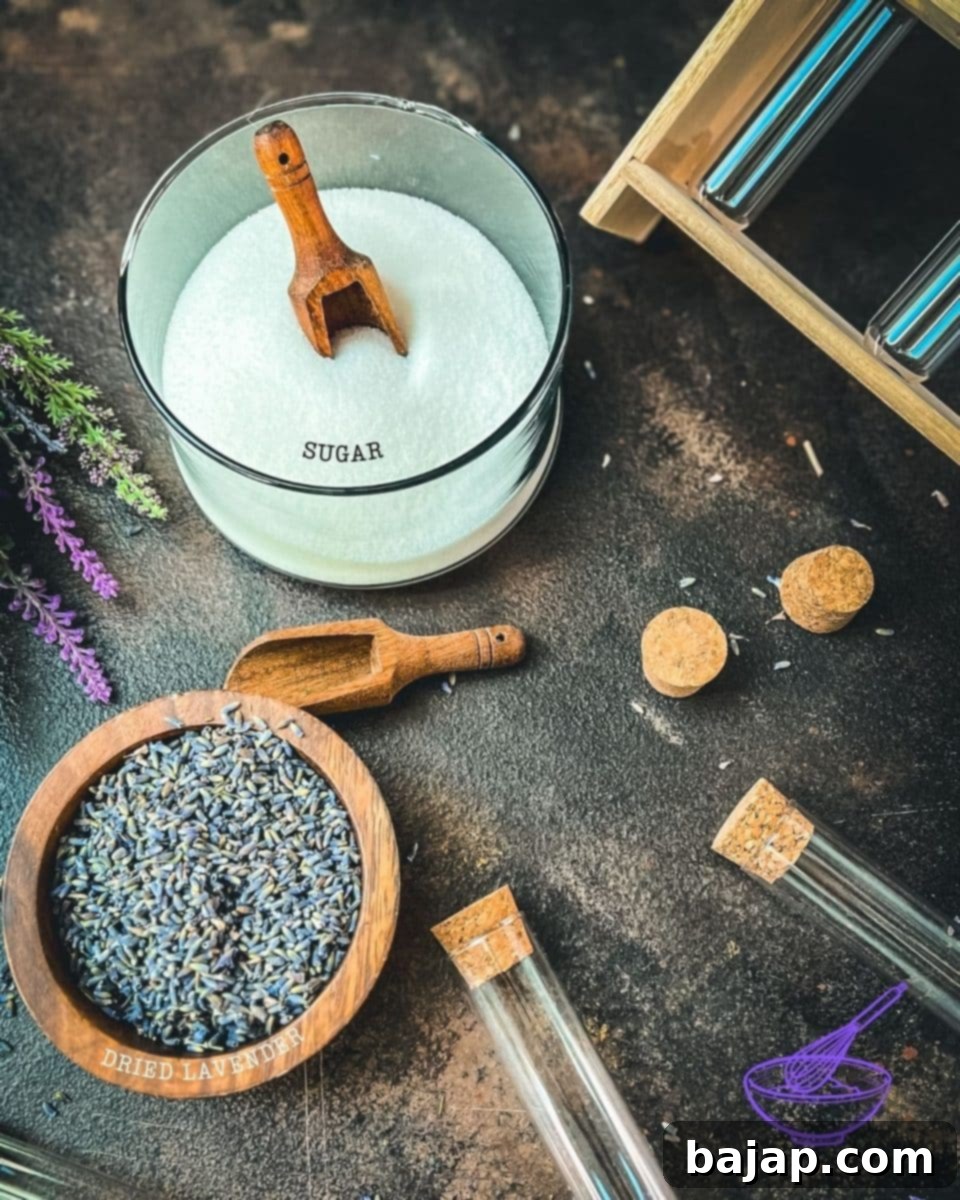 You'll need dried culinary lavender, granulated sugar, a clean jar, and some patience for making this amazing lavender sugar.