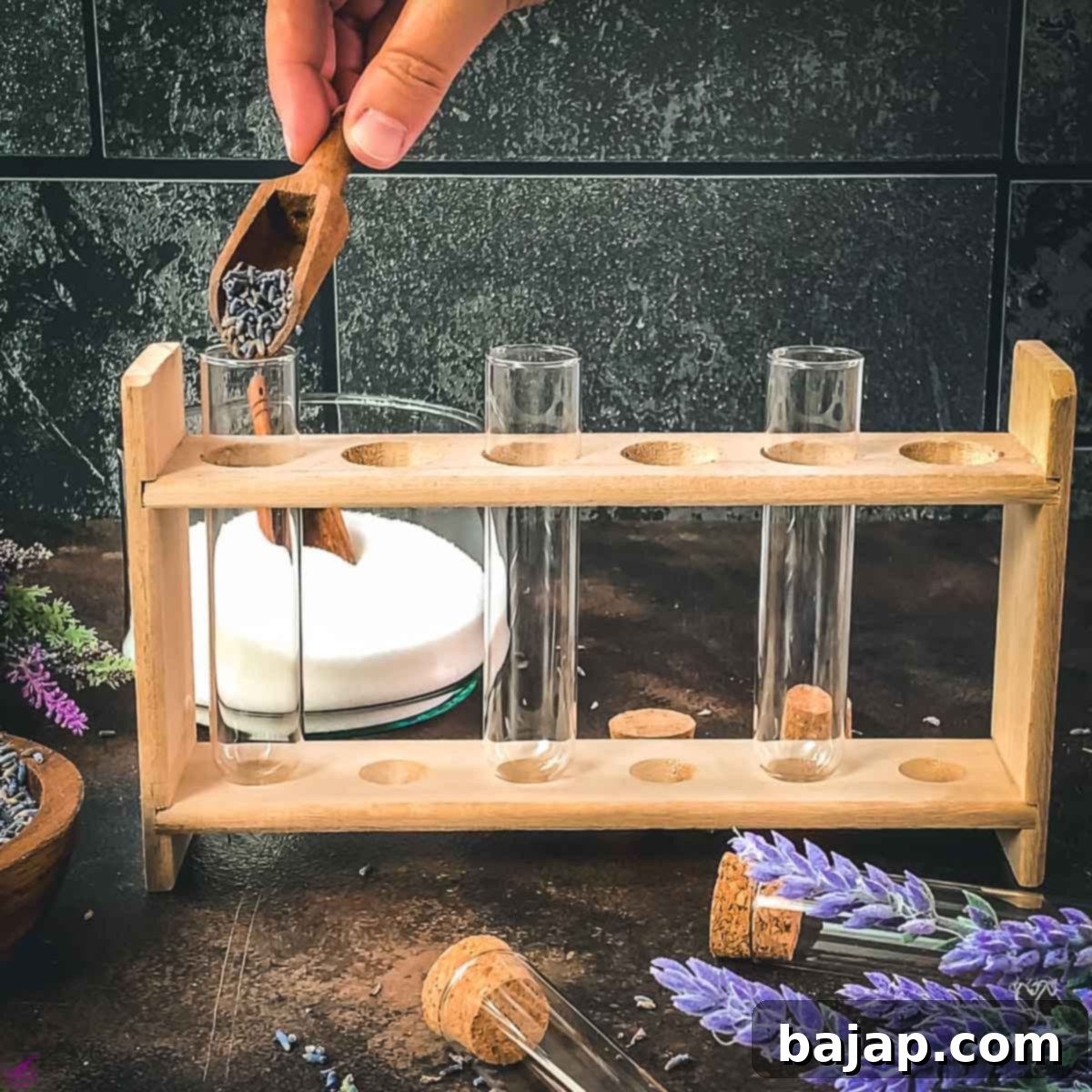 Start the layering process in a clean jar with a base of dried culinary lavender buds.