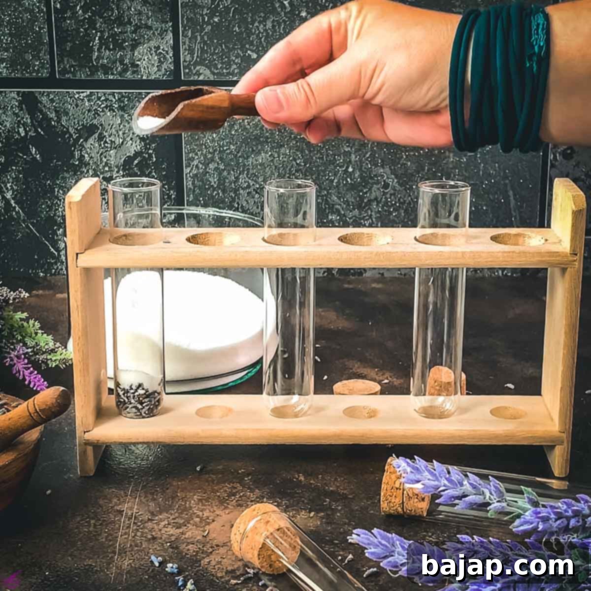 Alternate between adding granulated sugar and dried lavender, creating beautiful and aromatic layers.