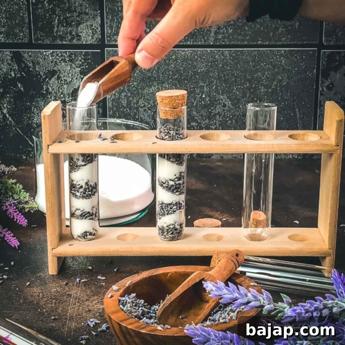 The layered jar of lavender and sugar, sealed and ready for the infusion process to develop deep floral flavors.