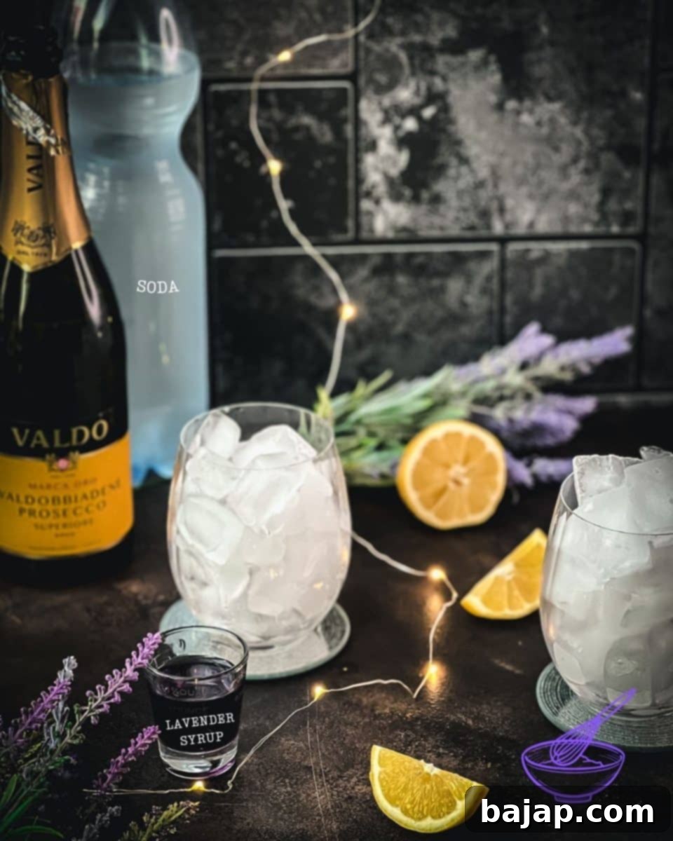 Ingredients for a soothing lavender spritz with prosecco.