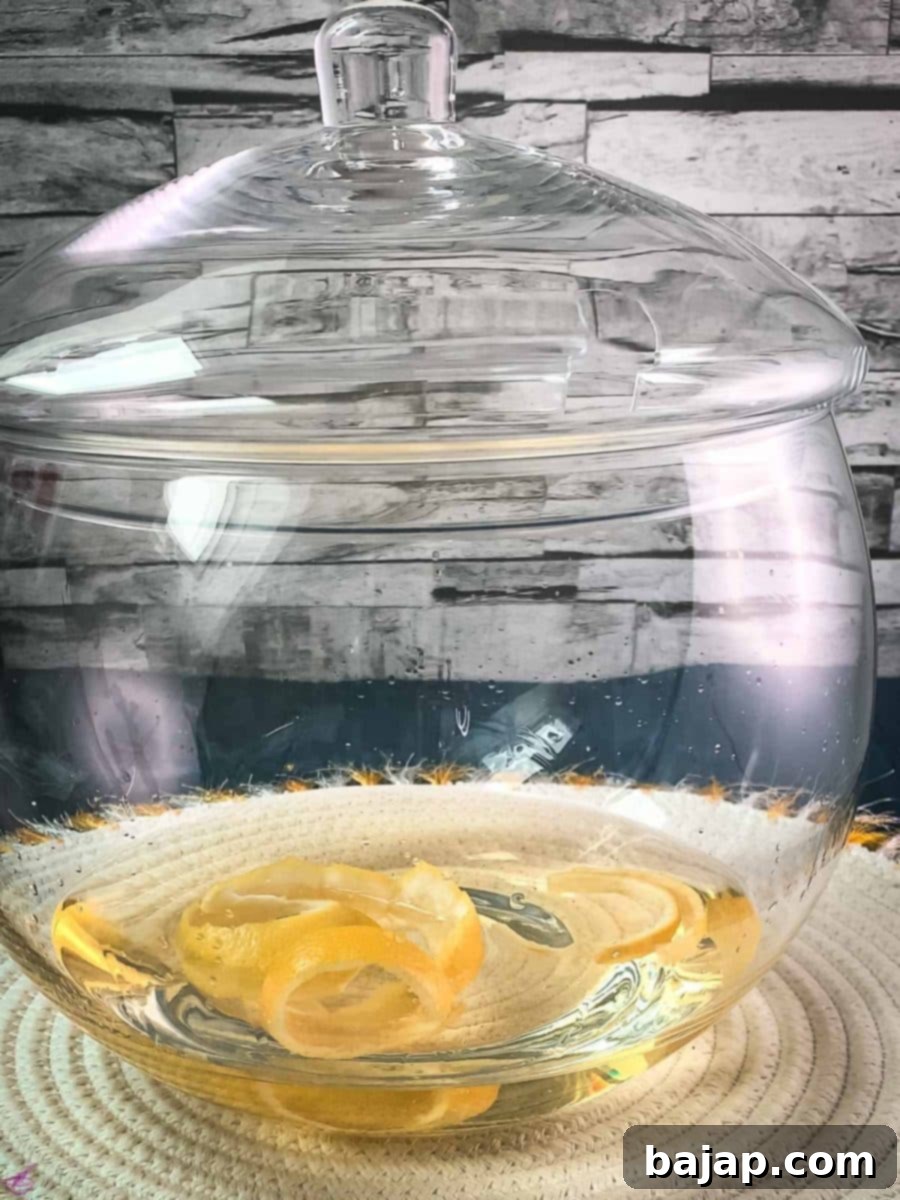 Sparkling Citrus Celebration 5 A glass punch bowl with a lid, containing white wine and lemon zest, resting on a white table mat, allowing the flavors to infuse.