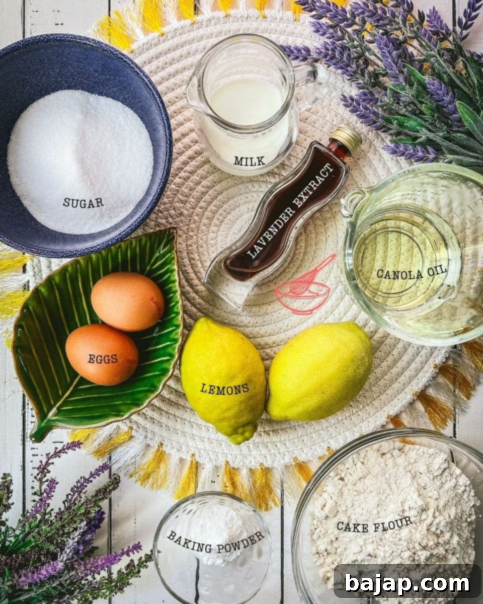 Array of fresh ingredients for lemon lavender muffins, neatly arranged in glass jars on a white surface, including vibrant lemons, granulated sugar, fresh milk, pure lavender extract, clear canola oil, farm-fresh eggs, baking powder, and fine cake flour, all ready for baking.