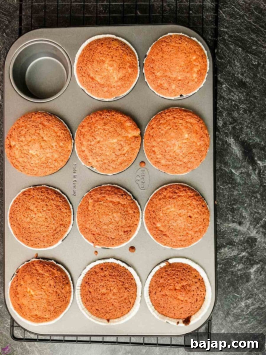 Freshly baked lavender lemon muffins, golden and risen, cooling in a metal muffin rack after baking. Their inviting aroma fills the kitchen, promising a delicate floral and zesty treat.
