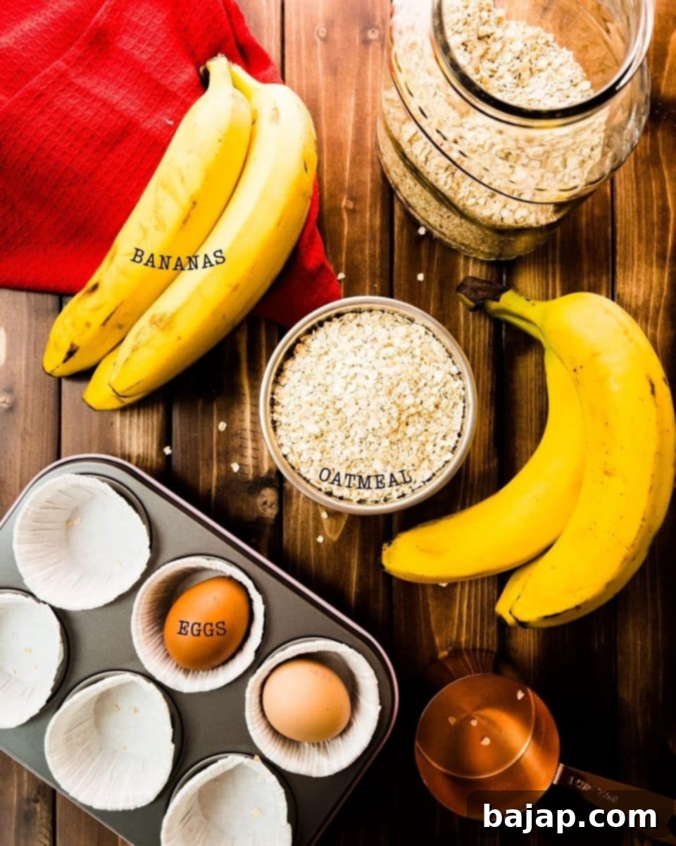 Bananas, oatmeal and eggs are required for making these delicious breakfast muffins.