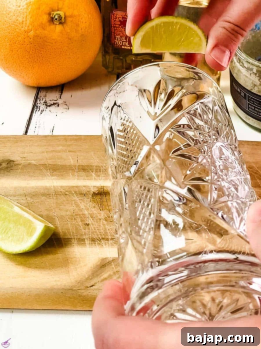 Run a freshly cut lime wedge along the rim of a highball glass to moisten it for the salt.