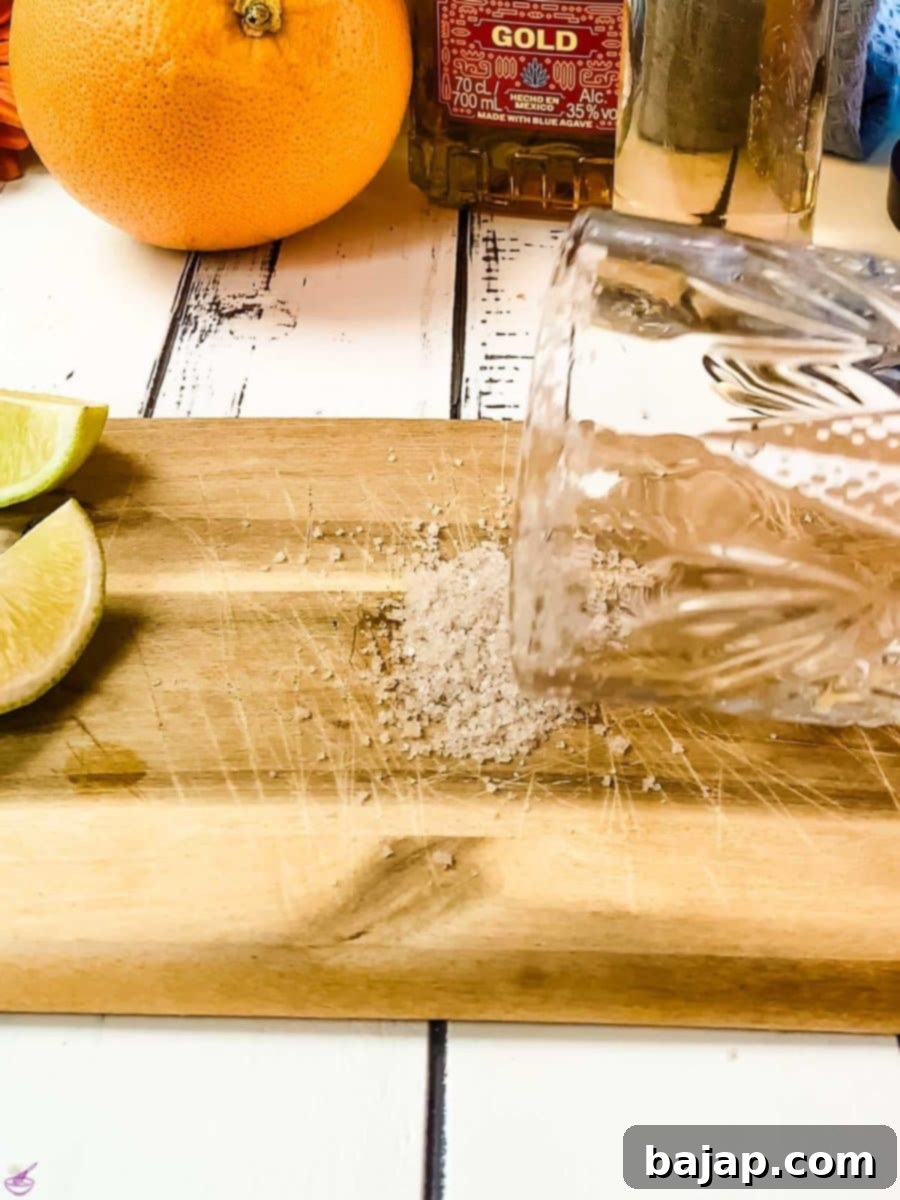 Gently turn the rim of the cocktail glass through the coarse salt, ensuring an even coating.