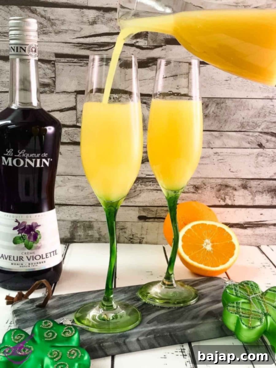 Next, add the fresh orange juice to the sparkling wine for a St. Patrick's Day Mimosa.