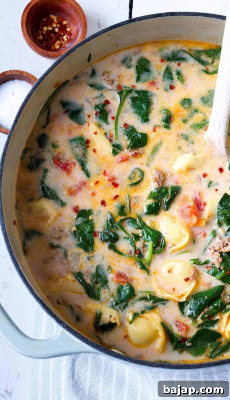 Spicy Italian sausage, tender baby spinach, and fluffy tortellini come together for one delicious bowl of Spinacha and Tortellini soup goodness.