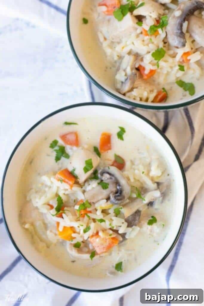 This one-pot chicken and rice soup is healthy, creamy, and loaded with chicken, veggies, mushrooms, and rice. It is so delicious and easy to make.