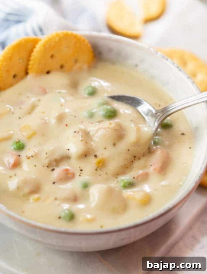 Chicken Pot Pie Soup is the ultimate comfort food and is SO easy to make on the Stove Top or the Crock-Pot. It has simple ingredients including homemade or canned cream of chicken soup, potatoes, chicken, and mixed vegetables. It's a great recipe for leftover chicken and is very freezer-friendly!