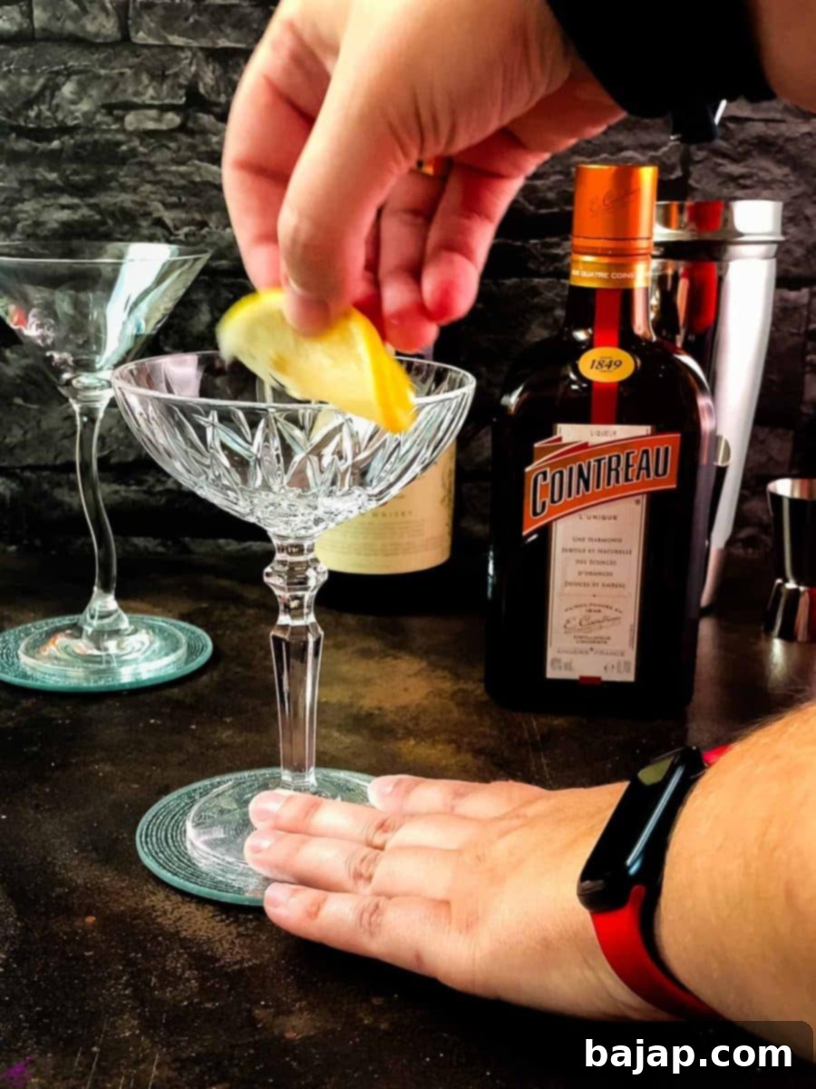 Lemon-Kissed Whiskey Sidecar 4 Running a lemon wedge along the rim of a cocktail glass to prepare for a sugar rim.