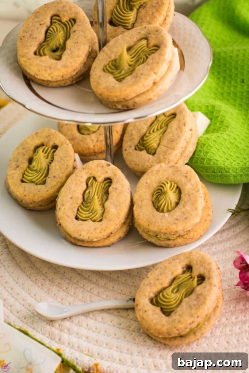 Gorgeous cut out Easter cookies with pistachio ganache placed on cute tray.