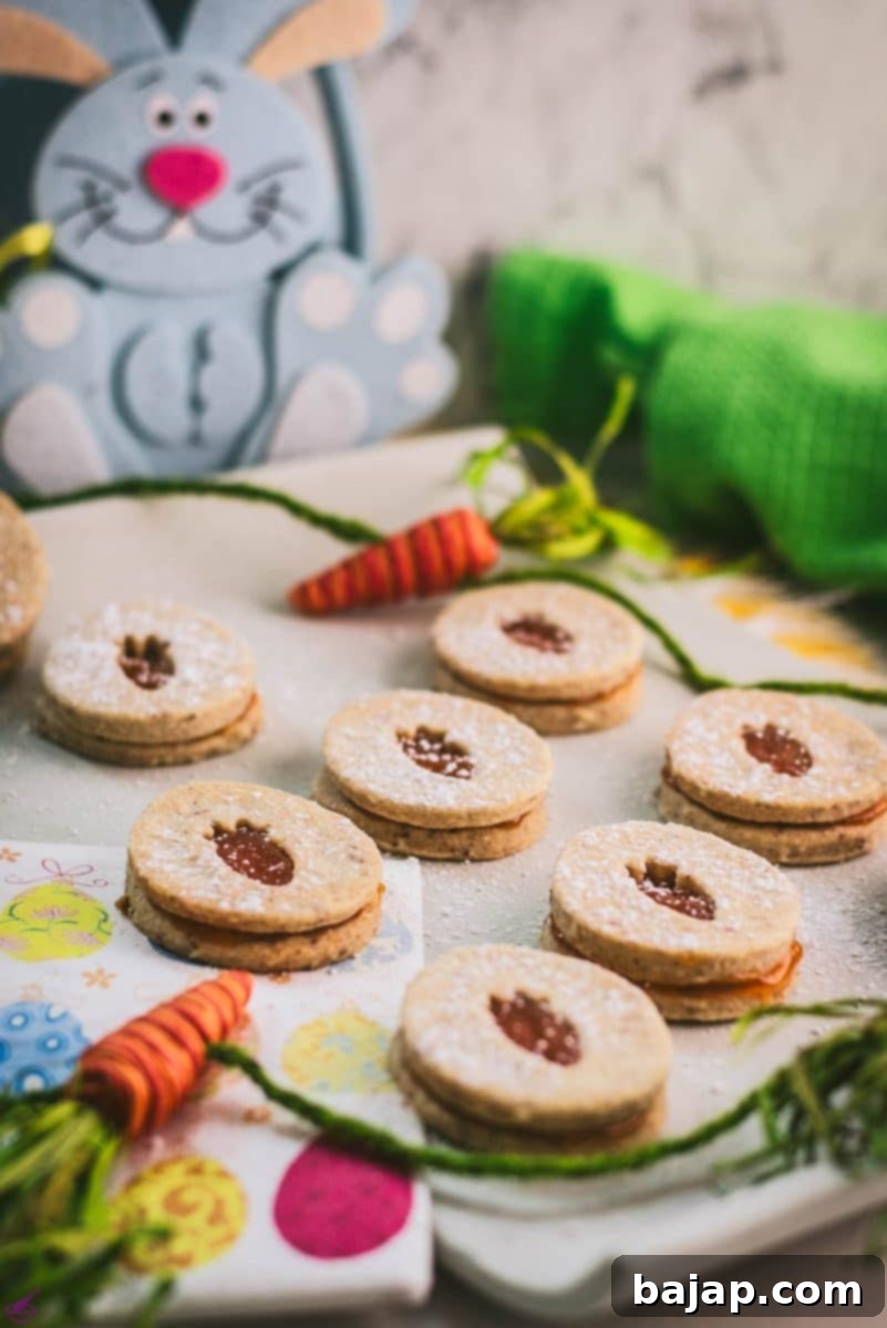 Gorgeous vegan Easter cut out cookies with vibrant apricot jam filling, artfully arranged on a white stone plate. A cheerful blue plush bunny adds a festive touch in the background, gazing at the yummy plant-based treats.