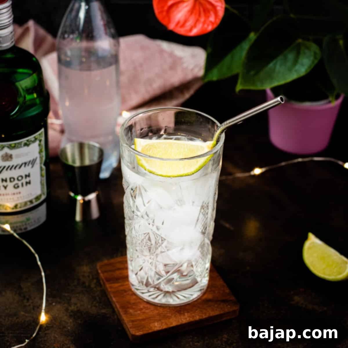 Celebrate National Cocktail Day March 24th 20 Highball glass filled with gin and tonic, garnished with lime, placed on wooden coaster.