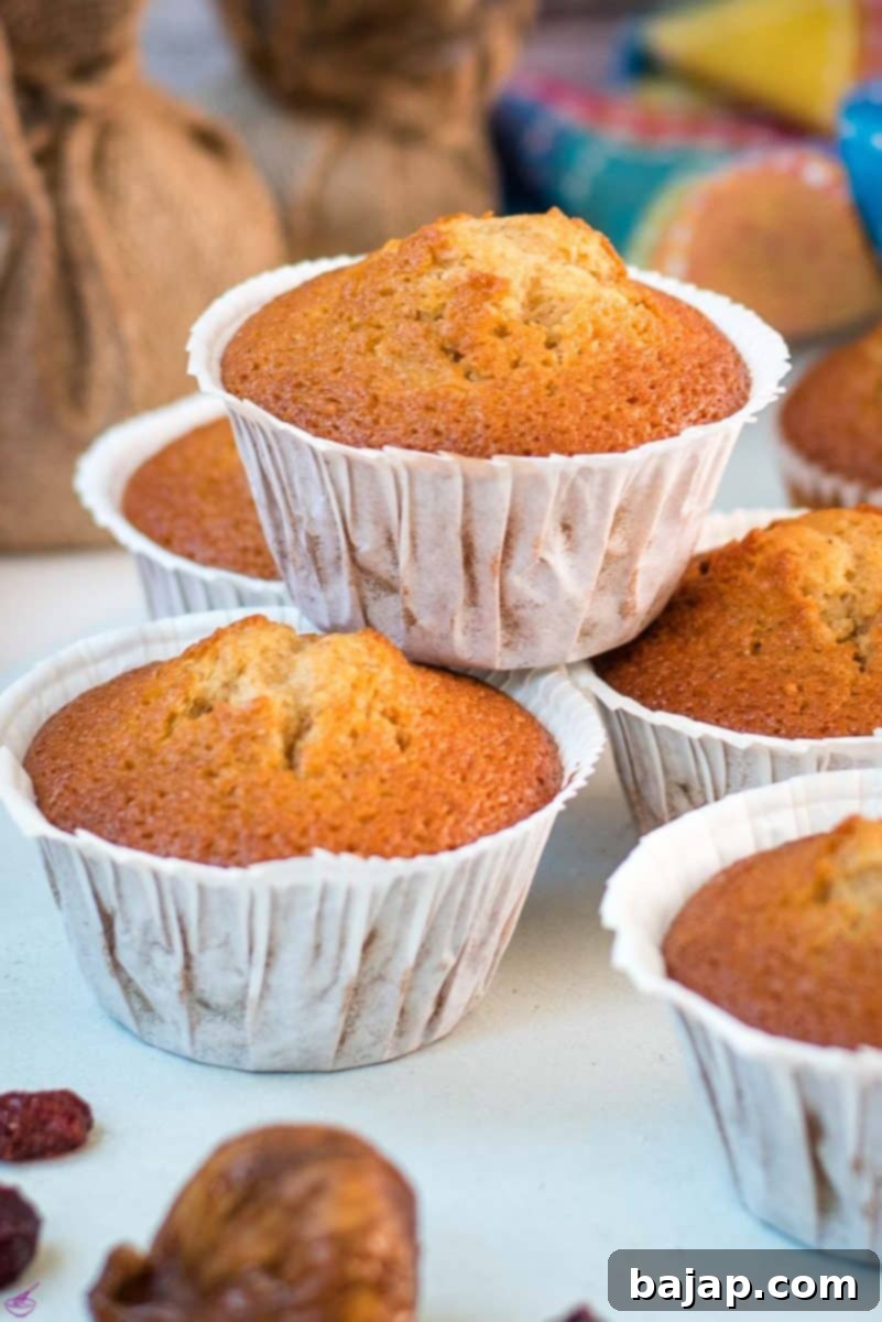 Delicious, and very easy to make, fruit cake muffins, filled with dried figs and dried cranberries. Placed on white plate.