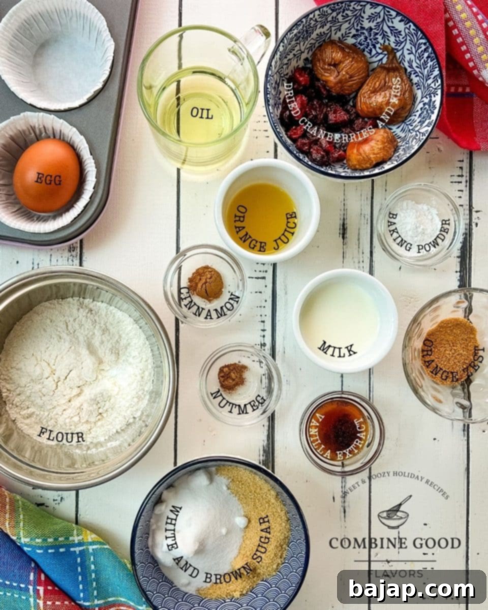 Close-up of fresh fruit cake muffin ingredients including eggs, sugar, milk, oil, flour, and dried fruits.