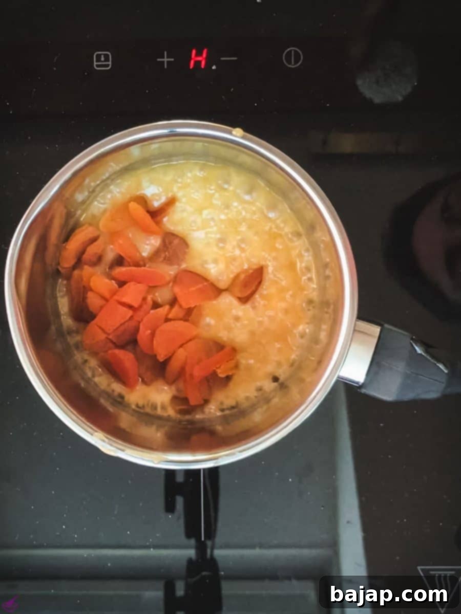 Easy Small Batch Dried Apricot Muffins 6 Add the chopped dried apricots to the homemade caramel sauce.